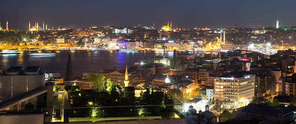 Witt Istanbul roof garden with Golden Horn view by night